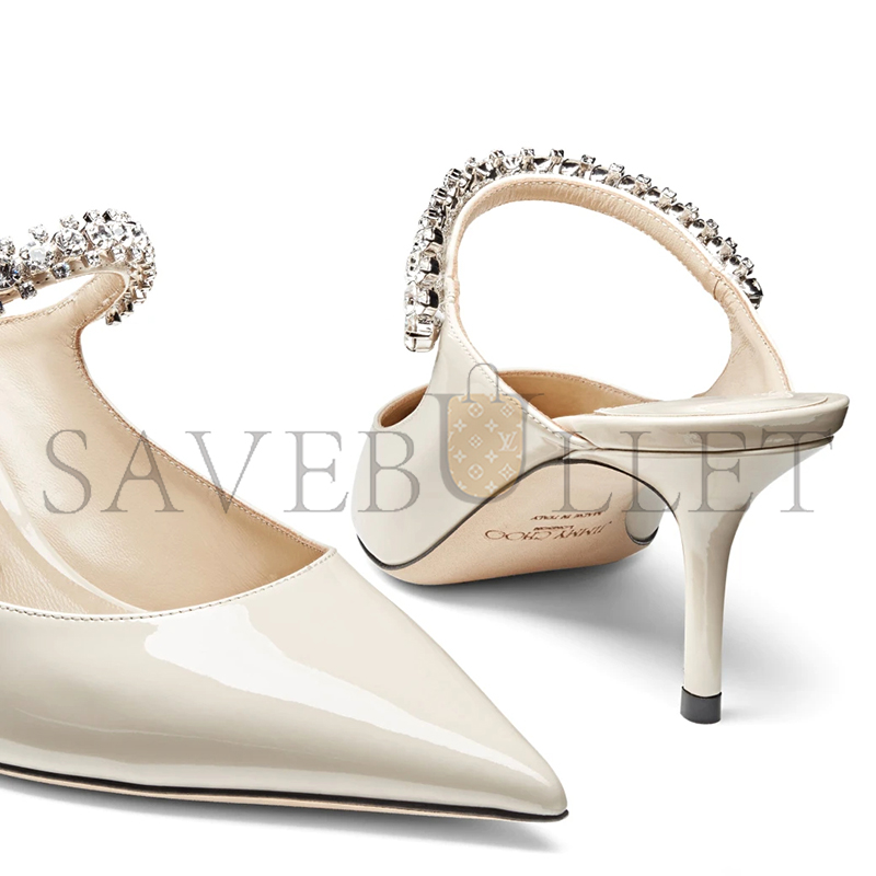 JIMMY CHOO BING 65 LINEN PATENT LEATHER MULES WITH CRYSTAL STRAP BING65PAT